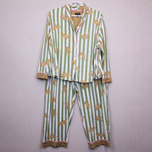 Room Service shaw collar green stripe cheetah print pajama set-3X